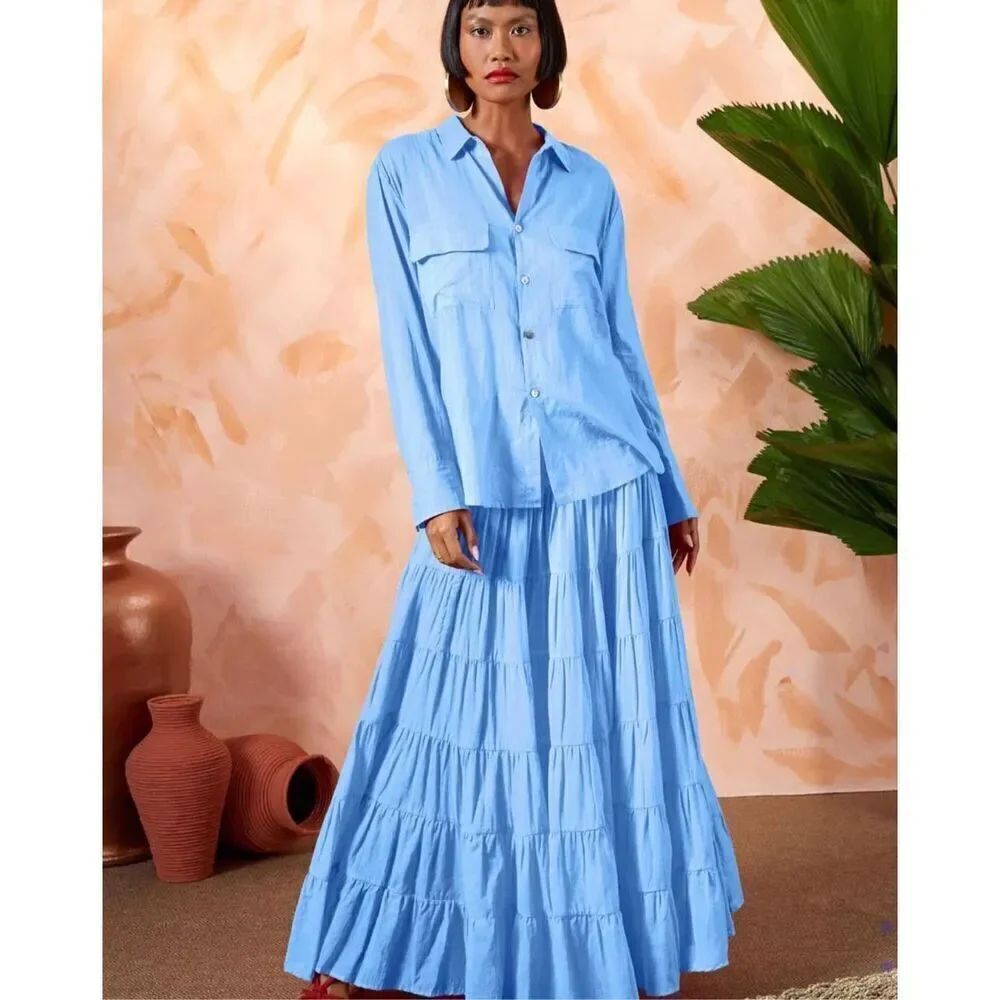 Erika Peña Anthropologie ANA Tiered Ruffle Boho Maxi skirt and Matching Shirt lo